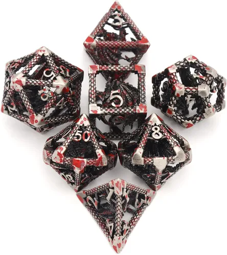 Miniatura 2 de D&D Dice, Dungeons and Dragons Dice HNCCESG Juego de dados de metal poliédricos huecos para juegos de mesa RPG MTG (Dragon Silver Blood Spot)