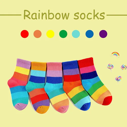 Miniatura 4 de Calcetines de algodón sin costuras para niñas, calcetines casuales para la escuela, con rayas arco iris, paquete de 5
