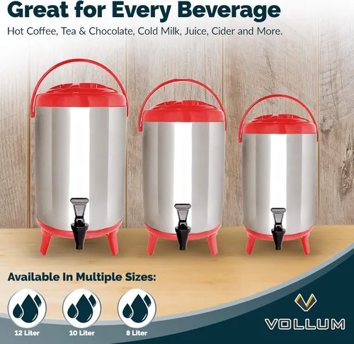 Miniatura 5 de Vollum - Dispensador de bebidas aislado de acero inoxidable – Jarra térmica aislada para café caliente y frío – Dispensador de 10 litros con espita