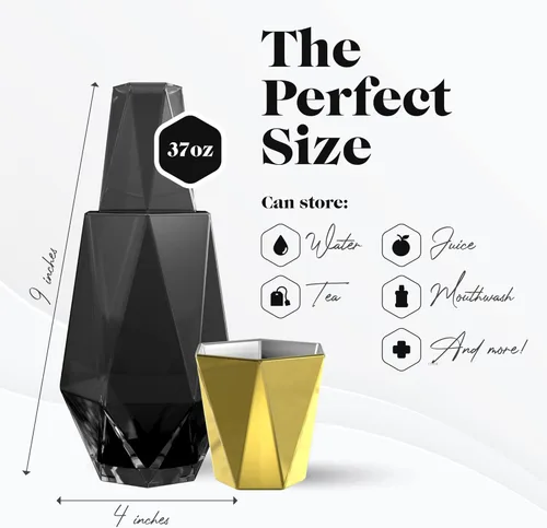 Miniatura 5 de American Atelier Juego de jarra y taza de noche geométrica moderna de 37 onzas, jarra de vidrio de 9 pulgadas con tapa y taza a juego, vasos Negro