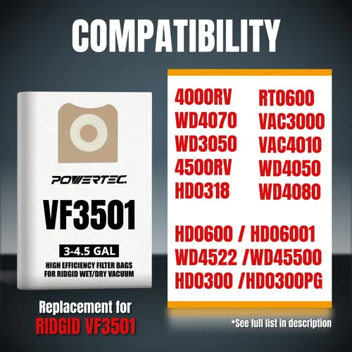 Miniatura 3 de POWERTEC VF3501 - Bolsas de aspiradora tamaño C para Ridgid, paquete de 10, 3-4.5 galones, 23738 bolsas de vacío para Ridgid 4000RV, WD40700 Wet Dry