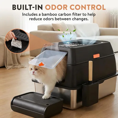 Miniatura 2 de Caja de arena XL de acero inoxidable para gatos con recinto y recogedor de excrementos, caja de arena duradera de metal negro para gatos grandes
