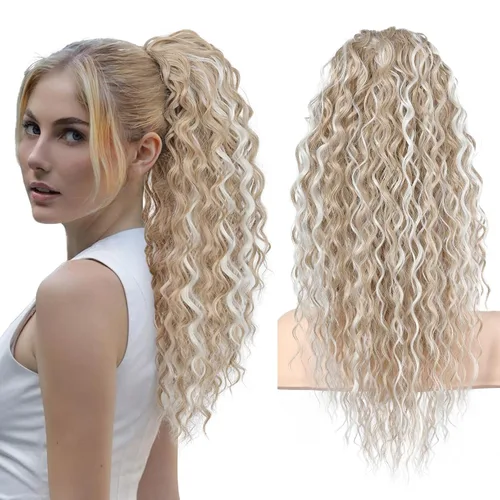 Miniatura 14 de Flufymooz Extensión de cola de caballo, 26 pulgadas, estilo bohemio, con cordón, extensiones de cabello para mujer, cola de caballo larga, rizada