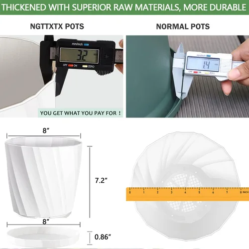 Miniatura 5 de Macetas de 8 pulgadas con agujeros de drenaje y platillos - Macetas para plantas de interior - Macetas de plástico blanco para plantas al aire libre
