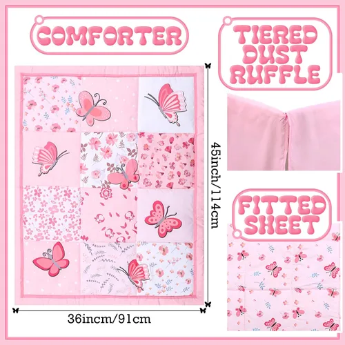 Miniatura 2 de Tudomro Juego de cama de 3 piezas para guardería de mariposas para niñas, juegos de cama de tamaño estándar con edredón, sábana ajustada y falda