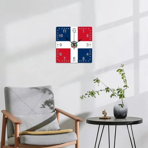 Miniatura 6 de Relojes de pared cuadrados de madera con bandera nacional de la República Dominicana con números arábigos, reloj silencioso sin tictac, funciona