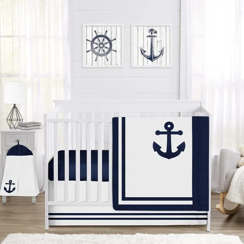 Sweet Jojo Designs Nautical Anchor - Juego de ropa de cama para cuna de bebé, niño o niña, 4 piezas, azul marino y blanco, género neutro