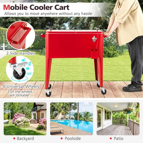 Miniatura 4 de HAPPYGRILL 80 Quart Rolling Cooler Cart with Lockable Wheels, Outdoor Beer Beverage Cooling Ice Chest with Bottle Opener & Cap Catcher, for Party