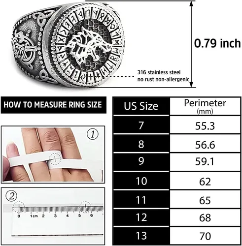 Miniatura 4 de BAVIPOWER Anillo de runa de acero inoxidable para hombre, diseño de lobo vikingo, ideal para hombre