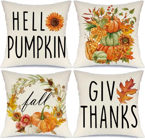 Juego de 4 fundas de almohada decorativas de otoño de 18 x 18 pulgadas, decoración de granja de Acción de Gracias, Hello Pumpkin al aire libre,