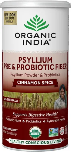 ORGANIC INDIA Polvo de cáscara de psyllium – Suplemento de fibra pre y probiótica, suplemento de fibra de cáscara de psyllium orgánica con cáscara