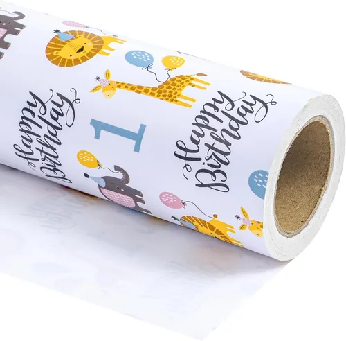 Miniatura 3 de WRAPAHOLIC Papel de regalo de primer cumpleaños, mini rollo, 17 pulgadas x 9.8 pies, bonito papel de regalo de animales para niños, niñas, niños