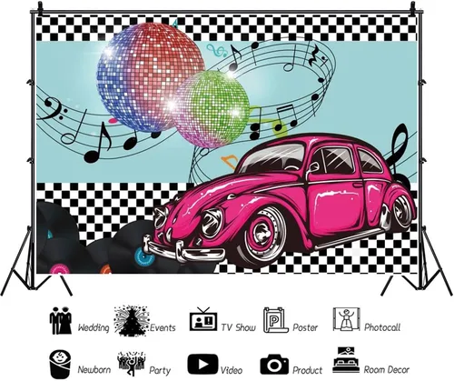 Miniatura 4 de Renaiss Telón de fondo de 5 x 3 pies de la década de 1950, diseño de bola de disco vintage, vinilo de coche de regreso a los años 50, fondo retro