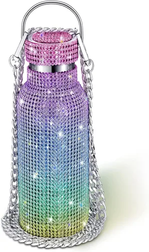 Miniatura 24 de Geiserailie Botella de agua con diamantes de imitación de acero inoxidable, térmica, recargable, aislada, con cadena, para mujeres y niñas