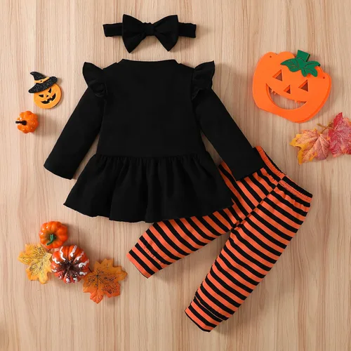 Miniatura 2 de Noubeau My 1st Halloween Baby Girl Outfits Ruffle Pumpkin Print Túnica Drees Camisa Pantalones Rayas Legging Otoño Invierno Ropa