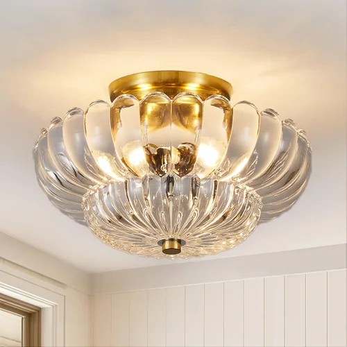 Lámpara de Techo Semiempotrada, Accesorio de Luz Dorada de Montaje en Techo con Pantalla de Vidrio Transparente Festoneado, Candelabro Vintage de 3