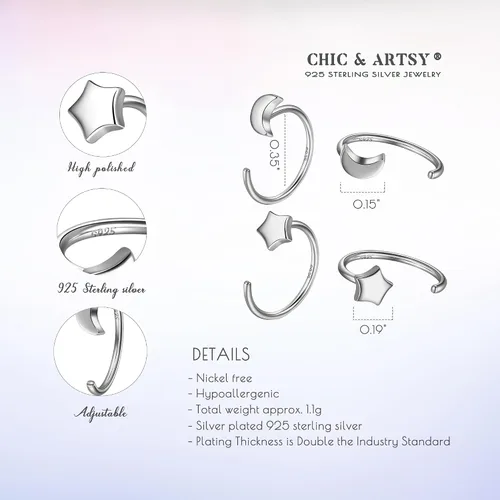 Miniatura 5 de CHIC & ARTSY Aretes de aro de plata de ley 925, pequeños aretes de aro de bola, barra, estrella, luna, corazón, cruz, punto, triángulo, medio aro