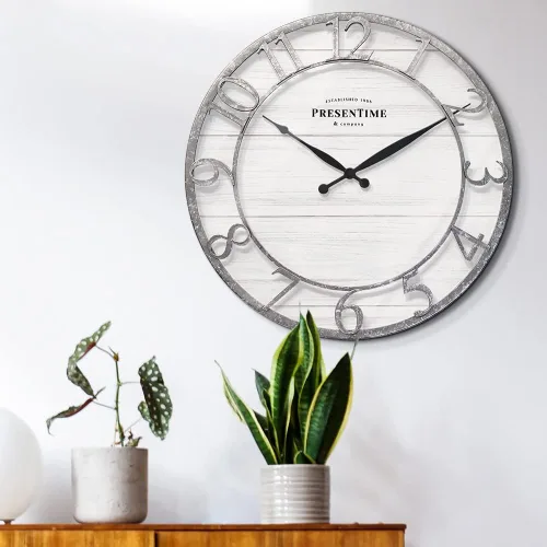 Miniatura 2 de Presentime & Co - Reloj de pared de la serie Farmhouse de 21 pulgadas, estilo Shiplap, número arábigo 3D elevado, acabado galvanizado. Decoración