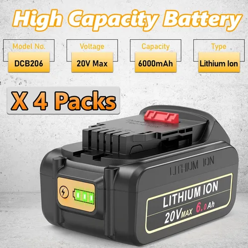 Miniatura 2 de 4 paquetes de reemplazo para batería DeWalt de 20V Max, batería de litio de alta capacidad de 6.0Ah compatible con DeWalt Baterias 20V DCB206 DCB205
