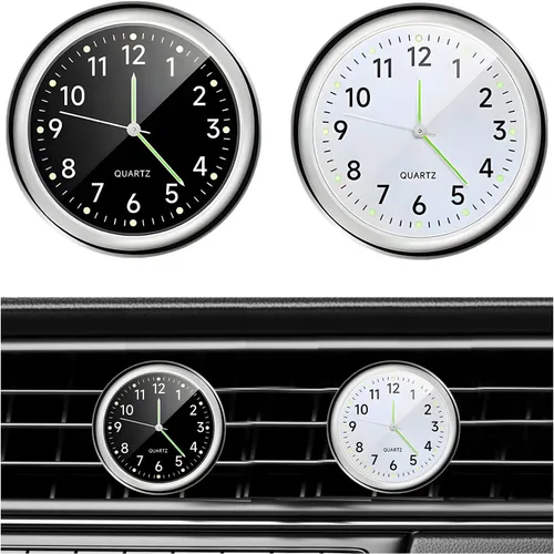 Miniatura 10 de Dickno 2 piezas de reloj de tablero adhesivo para automóvil, mini relojes de ventilación analógicos de cuarzo luminosos, relojes de ventilación