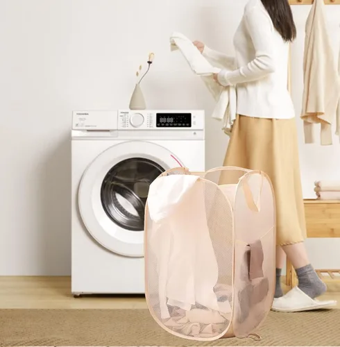 Miniatura 3 de Cesta plegable para la ropa sucia, cesta de malla para almacenamiento para dormitorios universitarios, viajes, cruzar, acampar, color beige