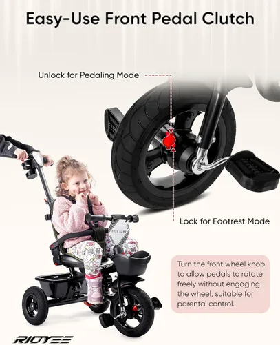 Miniatura 3 de RIDYEE Triciclo 7 en 1 para 18 meses a 5 años, neumáticos de goma todo terreno, frenos de doble rueda, asiento giratorio para niños pequeños de 1.5