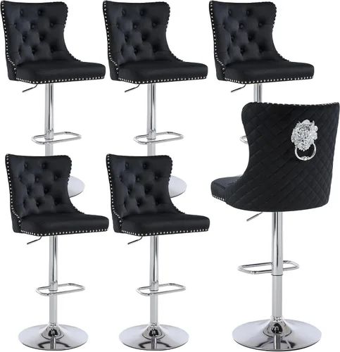 Miniatura 33 de Taburetes de bar negros juego de 2 sillas de cocina giratorias de terciopelo con respaldo alto acolchado, taburetes dorados modernos tapizados