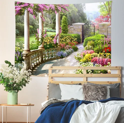 Miniatura 3 de BELECO Tapiz romántico de jardín secreto de primavera para colgar en la pared, 60 x 40 pulgadas, coloridas flores en flor, plantas verdes, tapiz