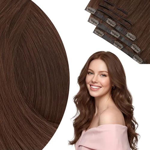 Miniatura 53 de Ve Sunny Extensiones de cabello clip-in de cabello humano real con reflejos, extensiones de cabello con clip para cabello corto, marrón oscuro