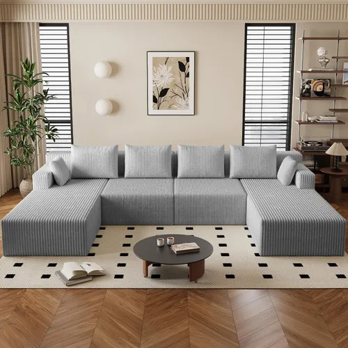 Miniatura 22 de Sofá modular de 95 pulgadas con otomana, moderno sofá nube de pana con asiento profundo, sofá sin hueso tapizado de 3 plazas en forma de U para sala