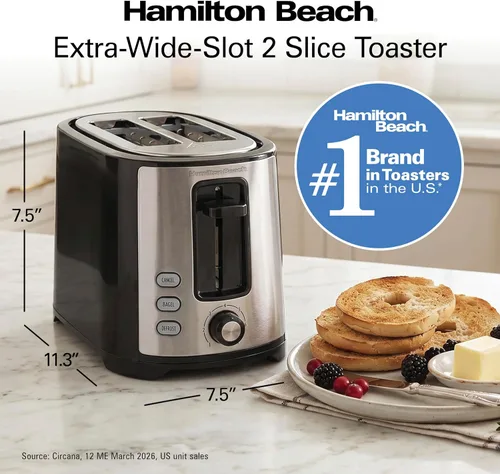 Miniatura 8 de Hamilton Beach Tostadora de ranura extra ancha para 2 rebanadas con ajustes para bagel y descongelación, selector de tostado con 7 niveles