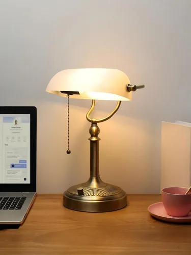 Miniatura 2 de Lámpara de Escritorio de Banquero de Vidrio Mate Blanco, Lámpara de Mesa Regulable sin Escalones con Enchufe para Estudio, Oficina en Casa, Blanco