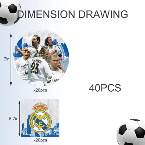 Miniatura 4 de 40 piezas de suministros para fiesta de cumpleaños del Real Madrid incluyen 20 platos, 20 servilletas para la decoración de la fiesta del Real Madrid