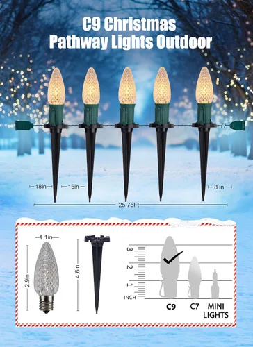 Miniatura 3 de Tira de luces LED estilo sendero de Navidad para exteriores; tira de 20 luces LED C9 con carcasa de fresa y estaca, interconectables, luz cálida
