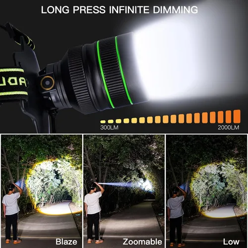 Miniatura 3 de Linterna frontal recargable LED súper brillante de 2000 lúmenes, lámpara de cabeza con zoom con 5 modos de iluminación, ajustable a 90° e