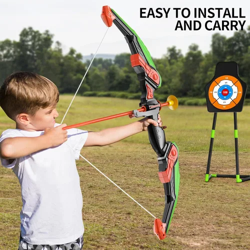 Miniatura 5 de TEMI Juego de arco y flecha para niños con luces LED, juego de tiro con arco con 10 flechas de ventosa, carcaj y objetivo de pie, juguetes al aire