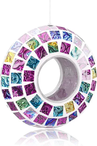 Miniatura 12 de VCUTEKA Comedero para Pájaros de Mosaico Tipo Fly Through para Exterior Colgante con Recipiente de Vidrio de Forma Redonda para Atraer Más Aves
