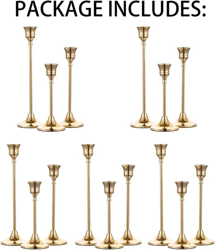 Miniatura 7 de Juego de 15 portavelas dorados para candelabros, portavelas cónicos Inweder de metal altos para centro de mesa, boda, decoración del hogar, comedor