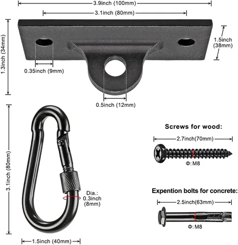 Miniatura 4 de Dolibest Perchas y soportes para bolsas pesadas, soporte de techo con mosquetón para entrenamiento de fuerza, yoga aéreo y bandas de resistencia