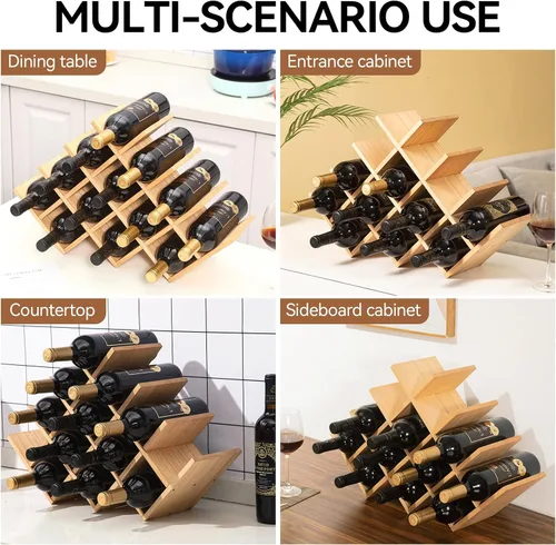 Miniatura 5 de KIRIGEN Estante de madera para vino de 13 botellas, estante de exhibición de vino de 4 niveles de madera natural, estante de almacenamiento de pie