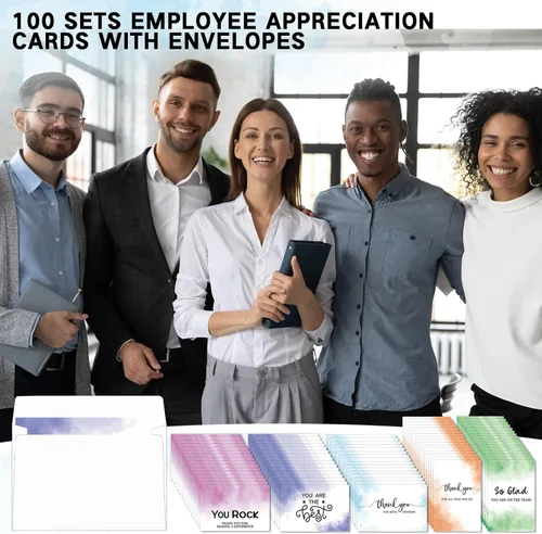 Miniatura 6 de Jetec 100 juegos de tarjetas de agradecimiento a los empleados con sobres de 6 x 4 pulgadas, acuarela, regalos de agradecimiento en blanco