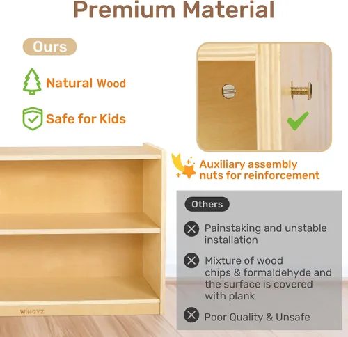 Miniatura 6 de WINGYZ Gabinete de almacenamiento de madera, organizador de almacenamiento de juguetes para niños de 2 niveles, espaciosa estantería Montessori