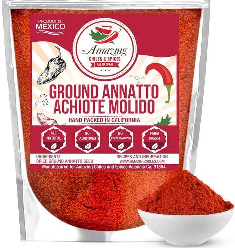 Achiote Powder - Semillas de annatto molidas de 4 onzas, ideales para añadir color y sabor suave en sopas, guisos, carnes y recetas mexicanas