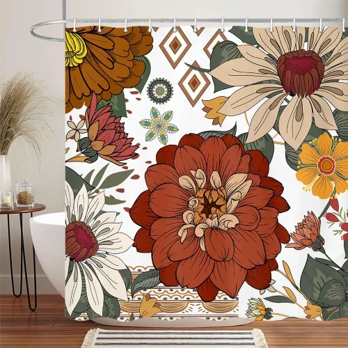 Miniatura 9 de Cortina de ducha con diseño floral retro, diseño bohemio abstracto, diseño botánico abstracto, moderno y estético, moderno de mediados de siglo