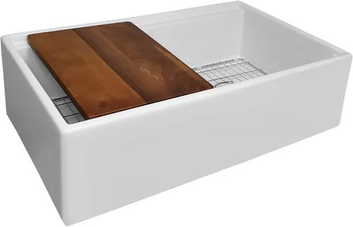 Miniatura 4 de Whitehaus Collection Juego de fregadero reversible de arcilla refractaria de un solo tazón con un delantal frontal liso, tabla de cortar de madera
