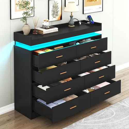 Miniatura 3 de Hlivelood Cómoda de 8 cajones con luz LED y estación de carga, cómoda moderna para armario, armario organizador de cajones anchos para dormitorio