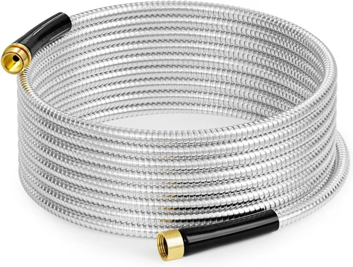 SPECILITE Manguera de agua de jardín de acero inoxidable de 25 pies, tubo flexible y ligero, manguera de agua de metal resistente no expandible con