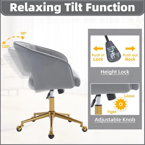 Miniatura 4 de ABET Silla de escritorio con ruedas, silla de terciopelo para oficina en casa, sillón giratorio con base dorada, sillas decorativas modernas Gris