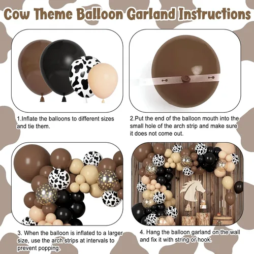 Miniatura 3 de Kit de Arco de Guirnalda de Globos de Vaquero Occidental de 170 Piezas, Globos de Confeti Negro y Marrón con Estampado de Vaca para Granja
