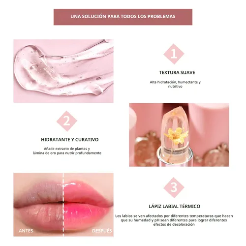 Miniatura 9 de BestLand - Set de 3 piezas/conjunto de lápiz labial de gelatina floral, bálsamo hidratante que cambia de temperatura, color mágico que cambia, 3